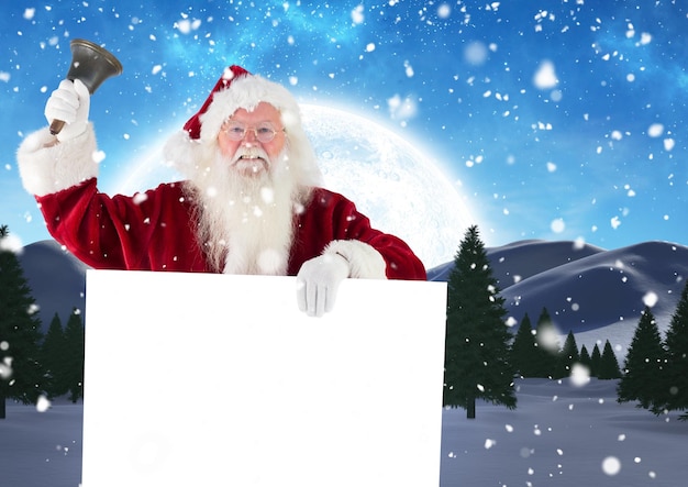 Święty Mikołaj dzwoni dzwonkiem, trzymając afisz 3D