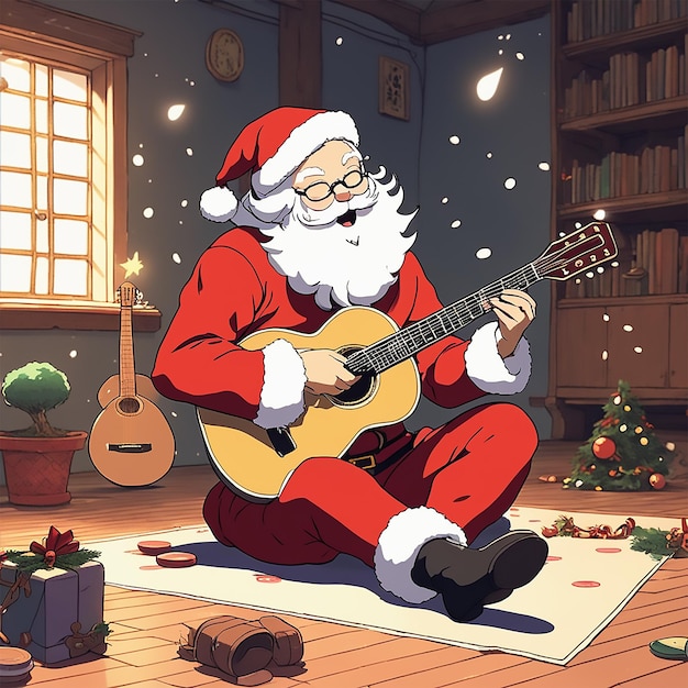 Święty Mikołaj grający na gitarze siedzący na podłodze i otaczający go magicznym zaklęciem studio ghibli anime arts