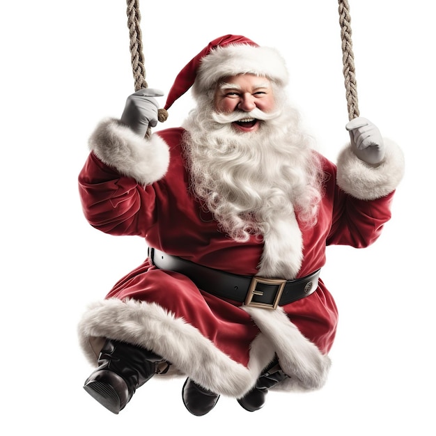 Święty Mikołaj huśtający się na linie izolowany na białym lub przezroczystym tle AI Generowane
