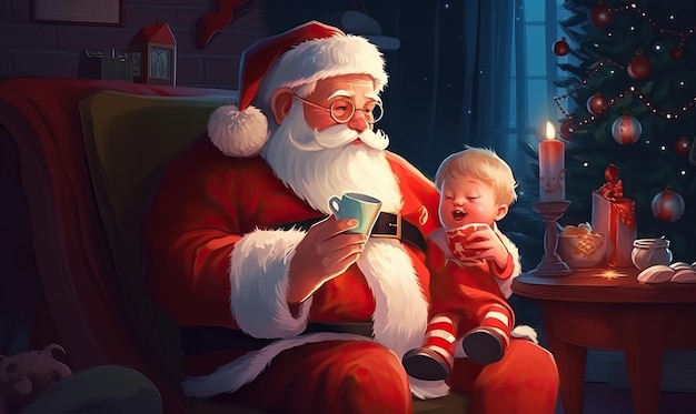 Święty Mikołaj i mały chłopiec Magia Bożego Narodzenia Stworzona przy użyciu narzędzi sztucznej inteligencji