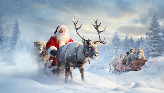 Święty Mikołaj i Rudolf w pięknej zimowej krainie czarów