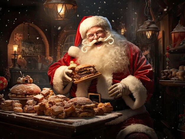 Zdjęcie Święty mikołaj je gigantyczny hamburger w barze.