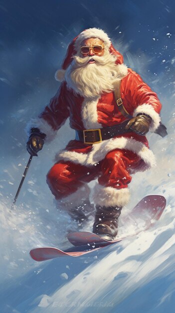 Święty Mikołaj jedzie na snowboardzie po śniegu.