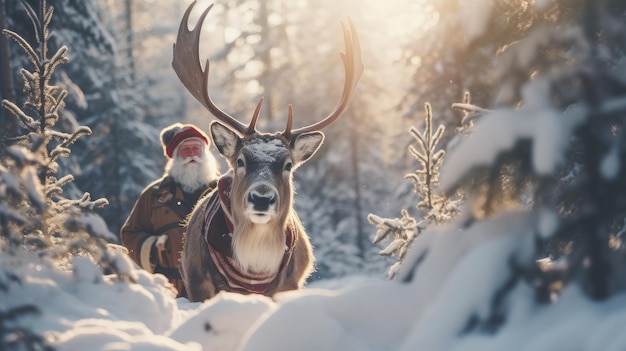 Święty Mikołaj jest blisko swoich reniferów w zaśnieżonym lesie