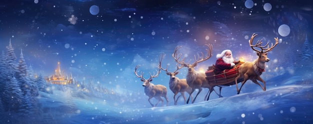 Święty Mikołaj latający na niebie z reniferami panorama Generative Ai
