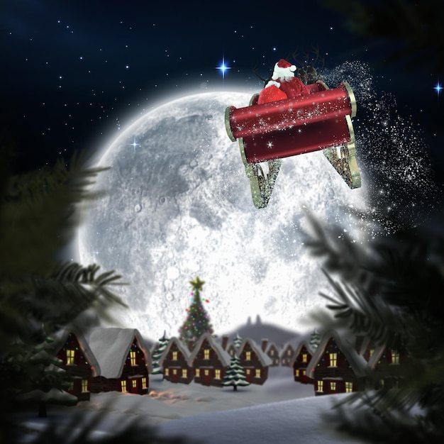 Święty Mikołaj leci na swoich saniach przeciwko bożonarodzeniowej wiosce podczas pełni księżyca