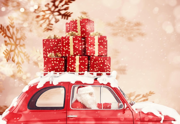 Święty Mikołaj na czerwonym samochodzie pełnym świątecznych prezentów z tłem płatków śniegu jedzie do dostarczenia