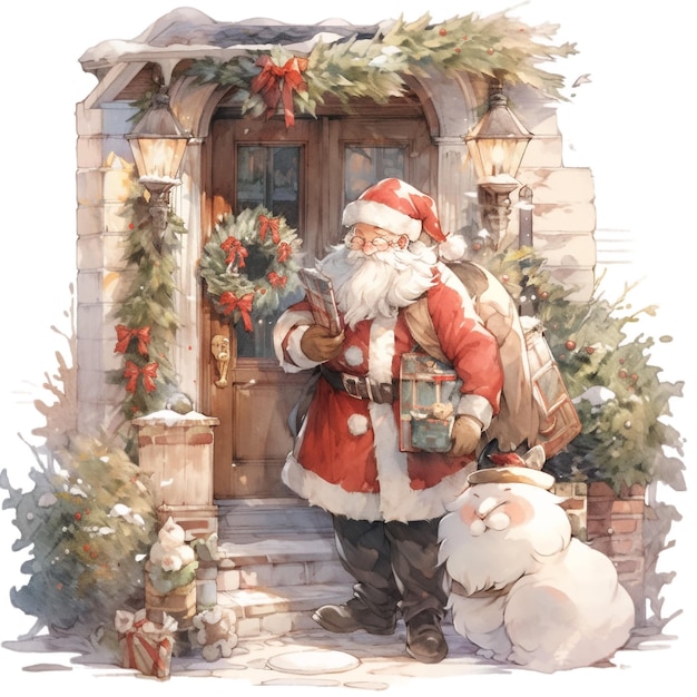 Święty Mikołaj na progu domu zostawia prezenty pod drzewem