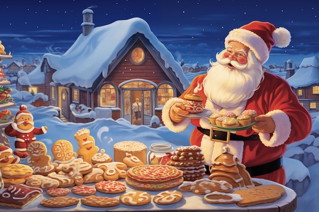 Zdjęcie Święty mikołaj organizuje konkurs kulinarny na biegunie północnym, gdzie domy z piernika i ciasteczka w kształcie płatków śniegu ilustrują boże narodzenie