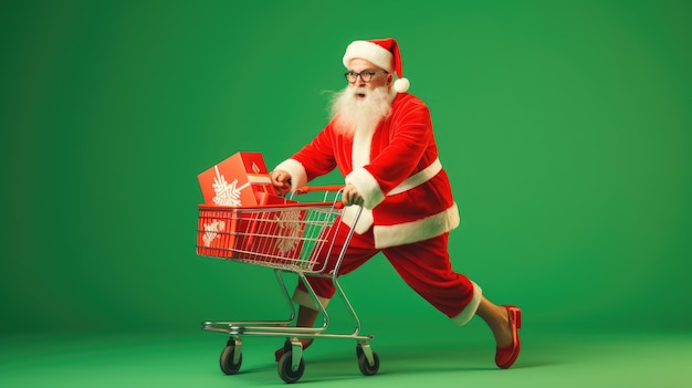 Święty Mikołaj pcha wózek na zakupy