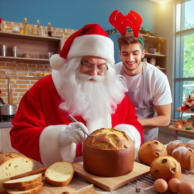 Święty Mikołaj piecze panettone włoskie świąteczne słodkie ciasto w świątecznej atmosferze