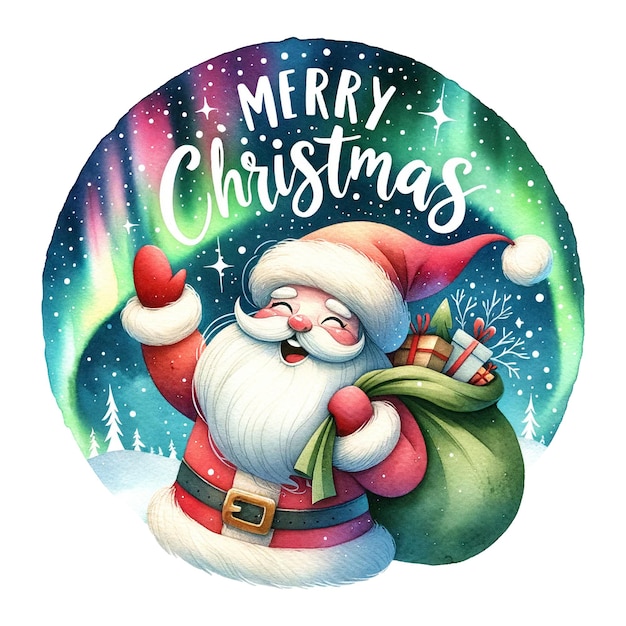 Święty Mikołaj radośnie podnosi rękę na tle worka prezentów zorzy polarnej Wesołych Świąt