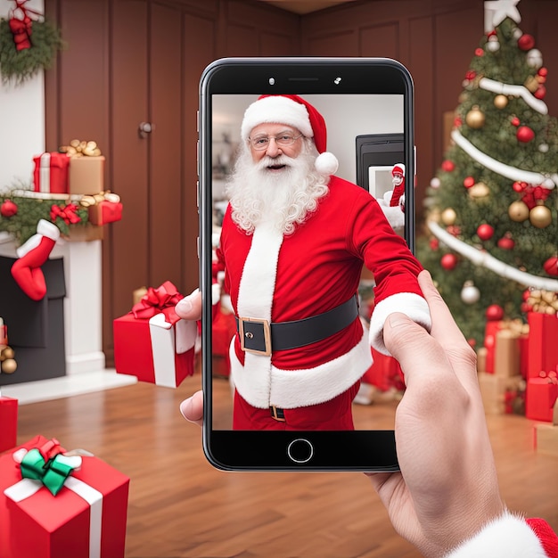 Święty Mikołaj robi selfie na telefonie komórkowym.