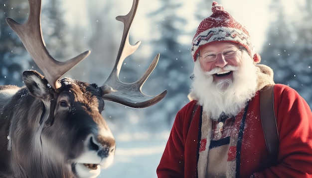 Święty Mikołaj robi sobie selfie ze swoimi reniferami