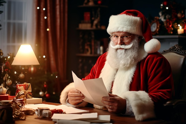 Święty Mikołaj siedzi w swoim biurze i czyta listy atmosferę Bożego Narodzenia i Nowego Roku