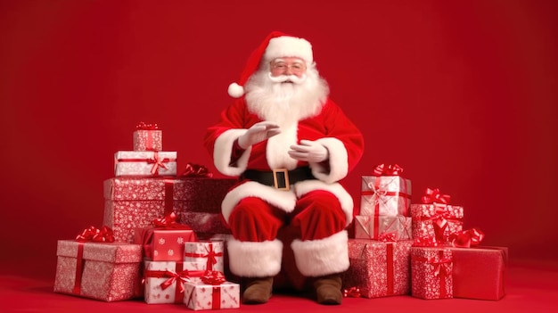 Święty Mikołaj siedzi wśród wielu świątecznych prezentów na czerwonym, prostym tle Generatywna sztuczna inteligencja