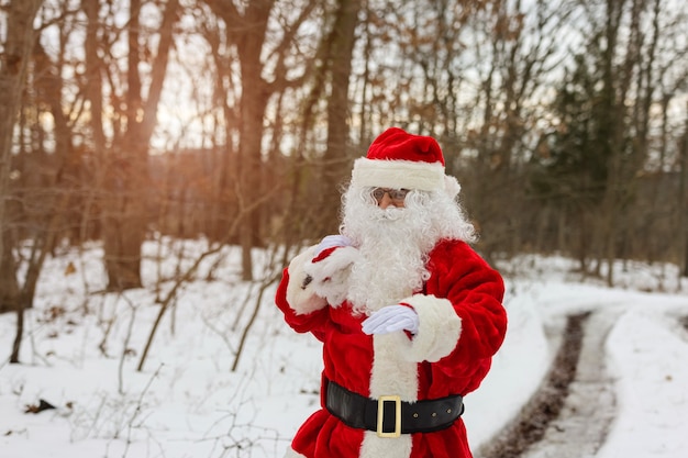 Święty Mikołaj Stojący Przy Leśnym Drzewie Trzymający W Czerwonej Torbie Prezenty Dla Dzieci Na Boże Narodzenie Wokół Białego śniegu