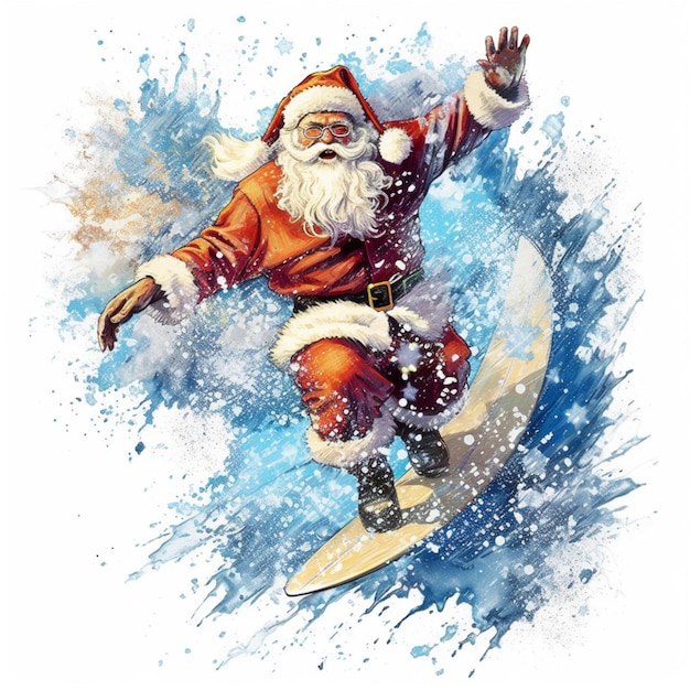 Święty Mikołaj surfuje na fali w oceanie.