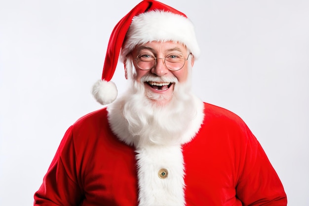 Święty Mikołaj szczęśliwy staruszek z białą brodą i wąsami nosi czerwony garnitur z białym futrem i czarnym pasem