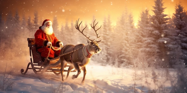 Święty Mikołaj w saniach z reniferami spieszy się z rozdawaniem prezentów przed Świętami Bożego Narodzenia