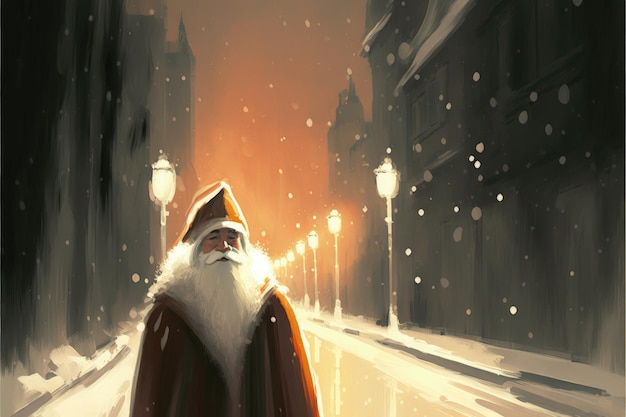 Święty Mikołaj w śnieżnej zimowej ścieżce w parku ze światłami bożonarodzeniowymi na drzewach Koncepcja fantasy Malowanie ilustracji Generatywna sztuczna inteligencja