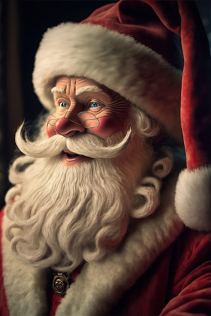 Święty Mikołaj w swoim domu uśmiecha się i przyjaźnie siedzi przy kominku w noc Bożego Narodzenia