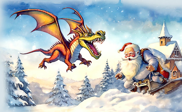 Święty Mikołaj w wiosce zimowej Wesołych Świąt i Wesołego Nowego Roku Ilustracja Obraz wygenerowany przez AI
