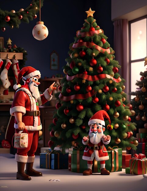 Zdjęcie Święty mikołaj wkłada prezenty świąteczne do worka piękna choinka ozdobiona wieloma ozdobami