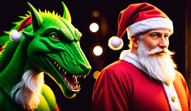 Święty Mikołaj z dużym zielonym smokiem na ciemnym tle Boże Narodzenie