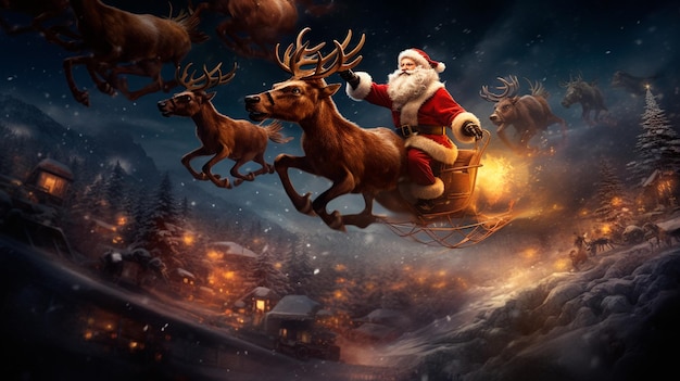 Święty Mikołaj z latającymi reniferami