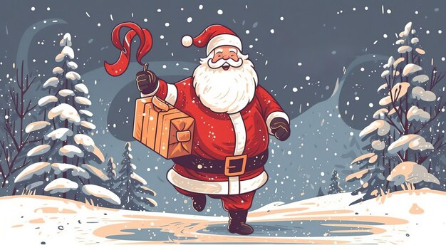 Zdjęcie Święty mikołaj z ogromną torbą biegnie, aby dostarczyć prezenty świąteczne podczas opadów śniegu