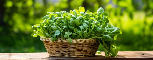 Świeża arugula w koszu na drewnianym stole w ogrodzie Generatywna sztuczna inteligencja