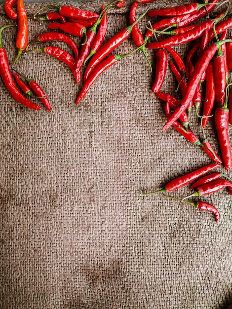 Świeża czerwona papryka chili na tle tkaniny vintage.