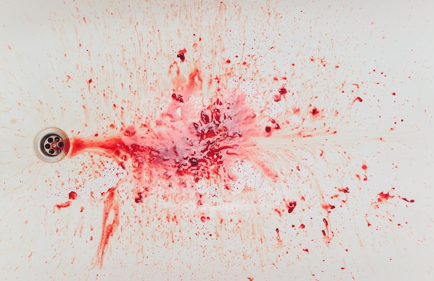 Świeża czerwona plama krwi na białej porcelanie z plamkami po uderzeniu. Skopiuj obszar dla koncepcji i pomysłów o tematyce horroru