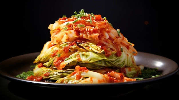 świeża kapusta pekińska kimchi tradycyjne koreańskie jedzenie na ciemnym talerzu