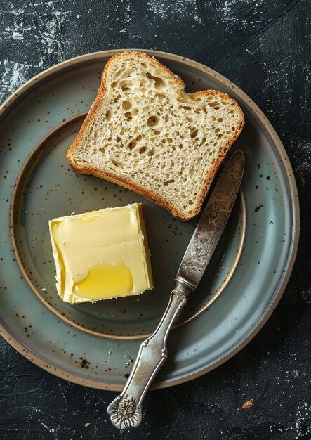 Zdjęcie Świeża kostka masła z chlebem i nożem na talerzu ciemny projekt