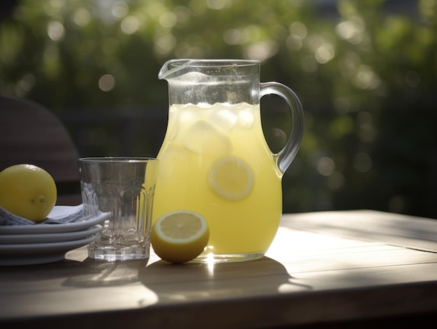 Zdjęcie Świeża lemoniada cytrusowa z limonkami i cytrynami w słoiku na stole w ogrodzie generative ai