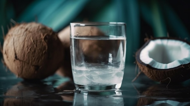 Zdjęcie Świeża organiczna woda kokosowa w szklanym tle żywności generative ai