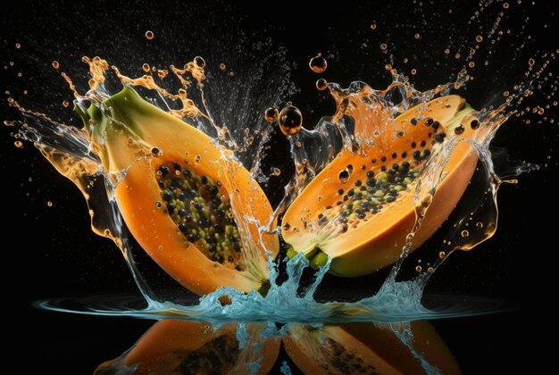 Świeża papaja z pluskiem wody odizolowana na czarnym tle generatywna ai