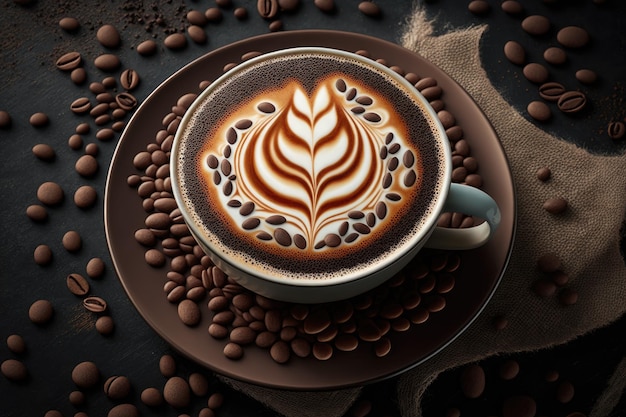 Świeża poranna kawa latte art w filiżance z ziarnami kawy w środku