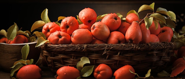 Świeża quince w koszyku na drewnianym stole