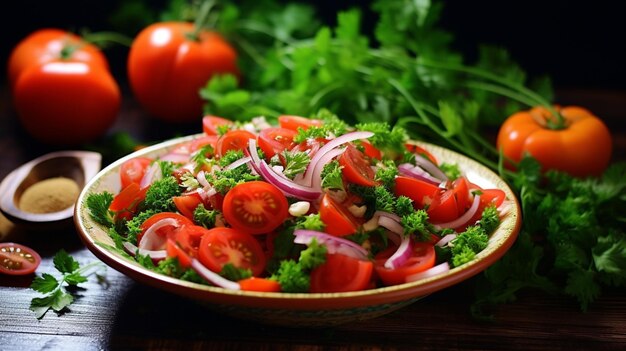 Zdjęcie Świeża sałatka wegetariańska z ekologiczną pietruszką pomidorową