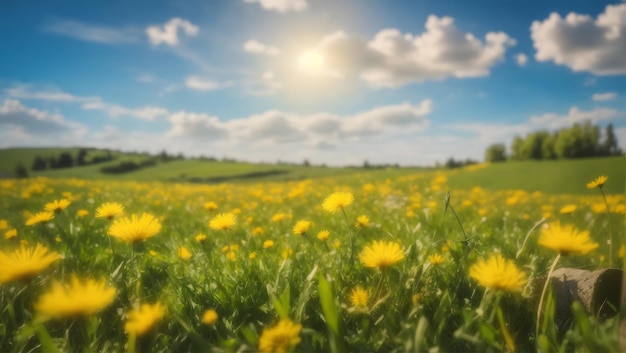 Świeża trawa i żółte kwiaty mniszka lekarskiego w przyrodzie na tle rozmytego błękitnego nieba z chmurami naturalnego la