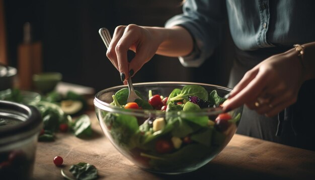 Świeża wegetariańska miska sałatkowa przygotowana z organicznych składników w pomieszczeniu, wygenerowana przez sztuczną inteligencję