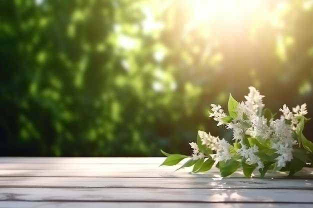 Świeża wiosenna zieleń z białymi kwiatami i liśćmi na tle drewnianego płotu Generatywna AI