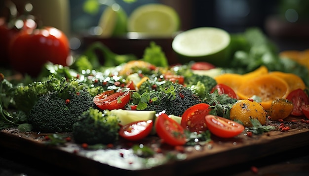 Zdjęcie Świeża zdrowa sałatka z warzywami ekologicznymi na rustykalnym drewnianym stole wygenerowanym przez sztuczną inteligencję