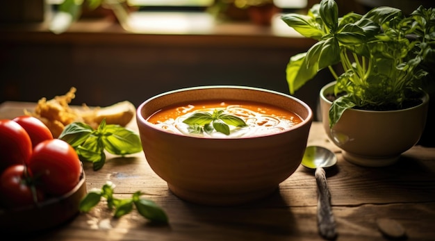 Świeża zdrowa zupa pomidorowa garnowana bazylią Generative AI
