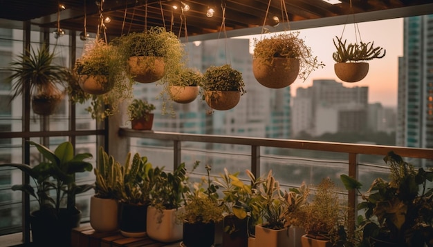 Świeża zielenią ozdobiony nowoczesny balkon z widokiem na panoramę miasta w zmierzchu generowany przez sztuczną inteligencję