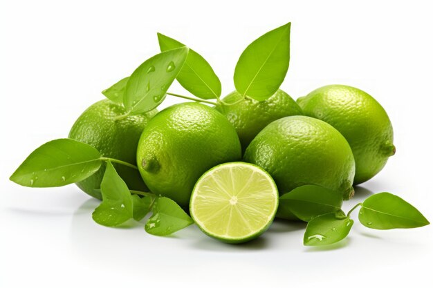 Świeża zielona cytryna z izolowanymi liśćmi na białym tle idealna do kulinarnych i przyrodniczych wzorów