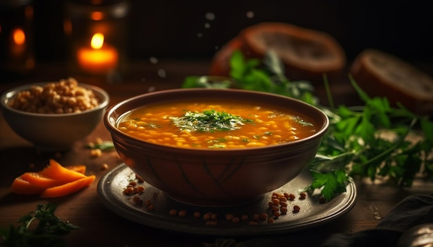 Świeża zupa dyniowa ze śmietaną i ziołami wygenerowana przez AI